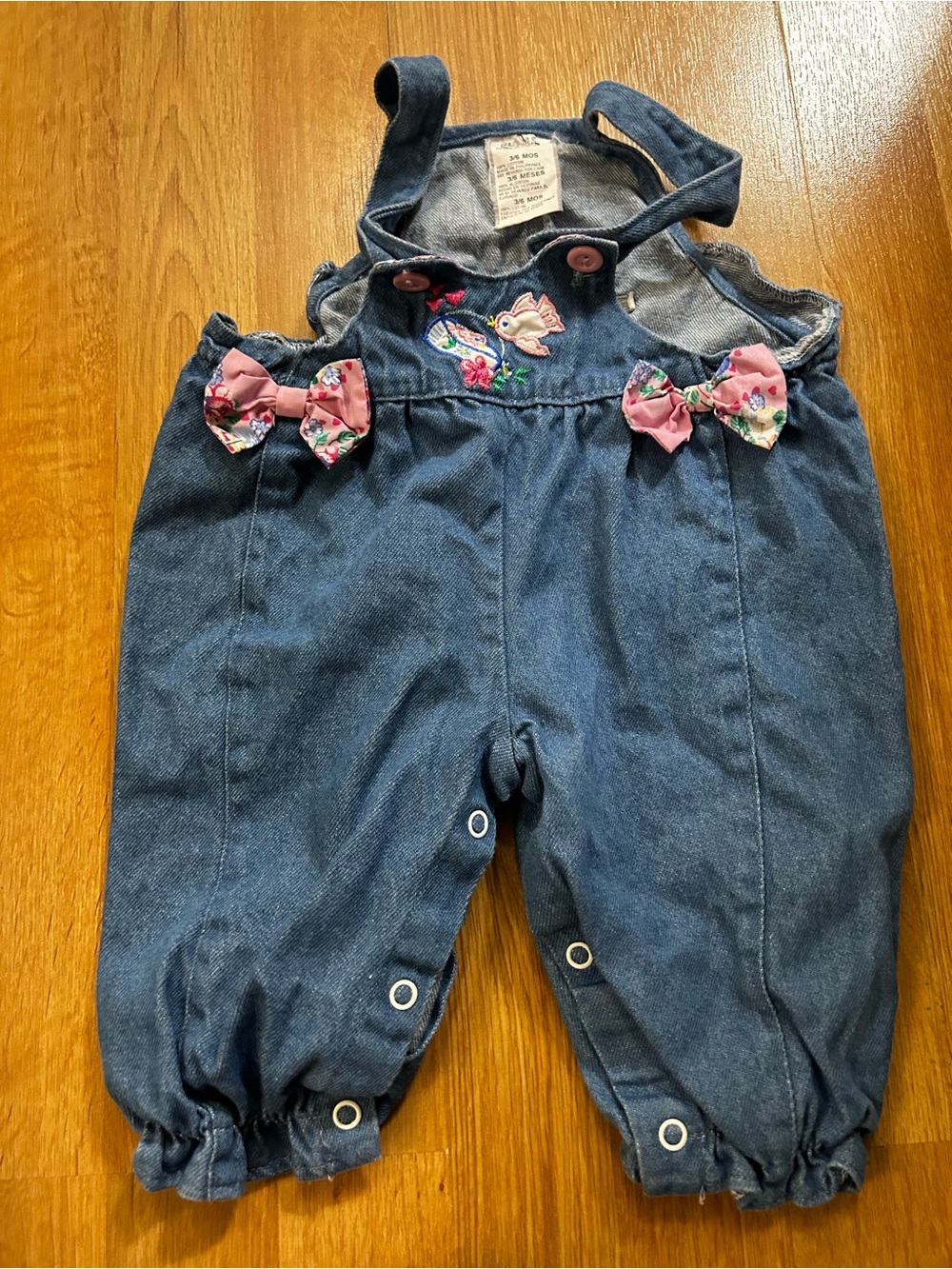 Vintage Dark Blue Denim Overalls with Pink Floral Bows